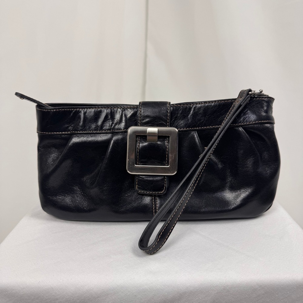 Relativity Wristlet Bag Black Leather Manmade Trim Silver Tone Buckle Clutch